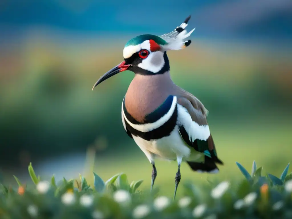 Un majestuoso Teru-Teru en un campo verde, con plumaje negro y blanco, ojos rojos brillantes