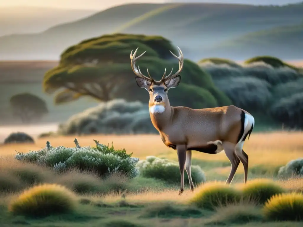 Un majestuoso venado de las Pampas de Uruguay, con sus imponentes astas iluminadas por el sol poniente, entre la flora autóctona