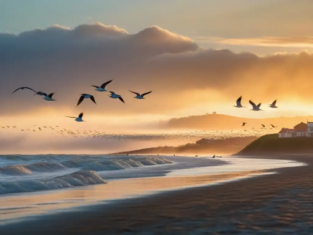 Un majestuoso vuelo de aves costeras en Uruguay, destacando su importancia ecológica al atardecer sobre el Río de la Plata