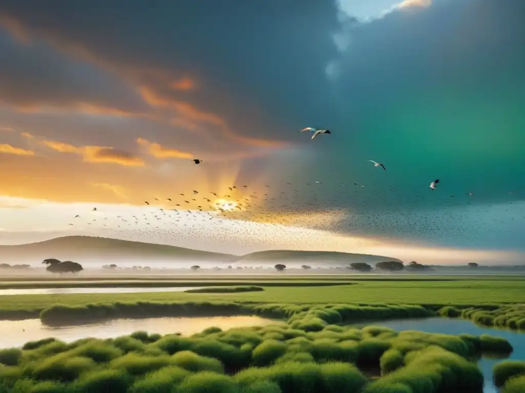 Un majestuoso vuelo de aves migratorias sobre humedales verdes en Uruguay al atardecer