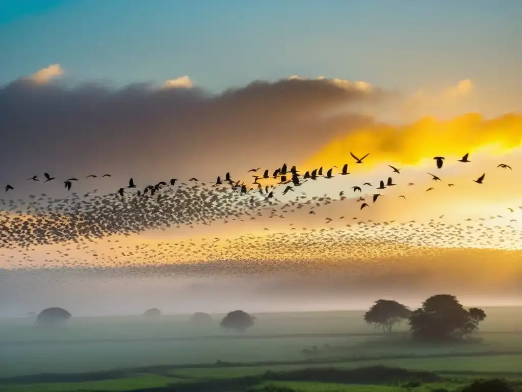 Un majestuoso vuelo de aves migratorias en Uruguay, mostrando su belleza y libertad bajo el sol poniente