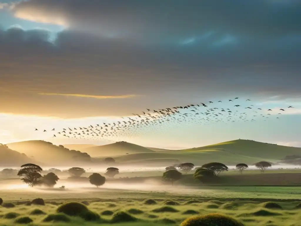 Un majestuoso vuelo de aves migratorias sobre la exuberante naturaleza de Uruguay al atardecer