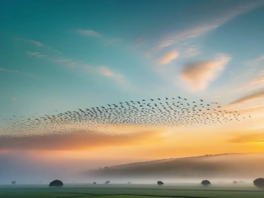 Un majestuoso vuelo de aves migratorias sobre el cielo uruguayo al atardecer