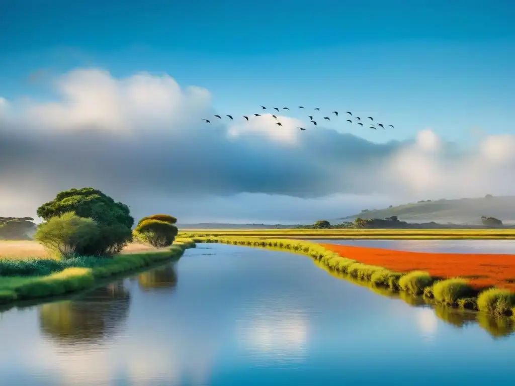 Un majestuoso vuelo de aves migratorias coloridas sobre humedal en Uruguay