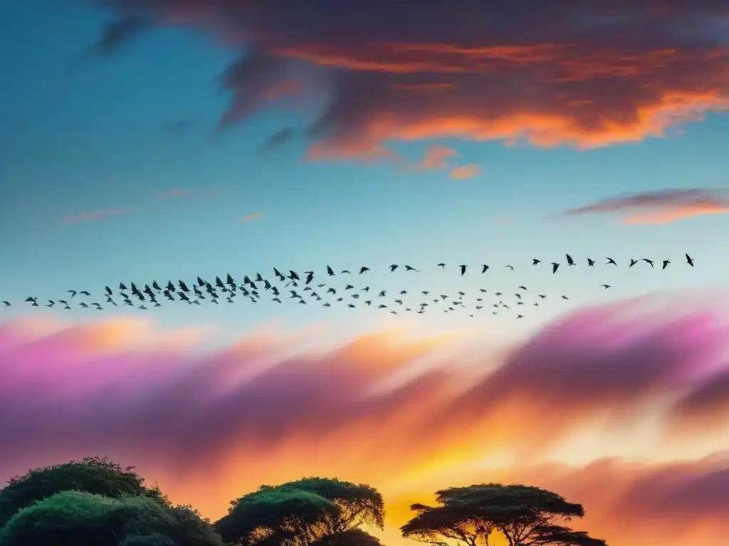 Un majestuoso vuelo de aves migratorias en el cielo de un atardecer vibrante en Uruguay, capturando la belleza de la naturaleza