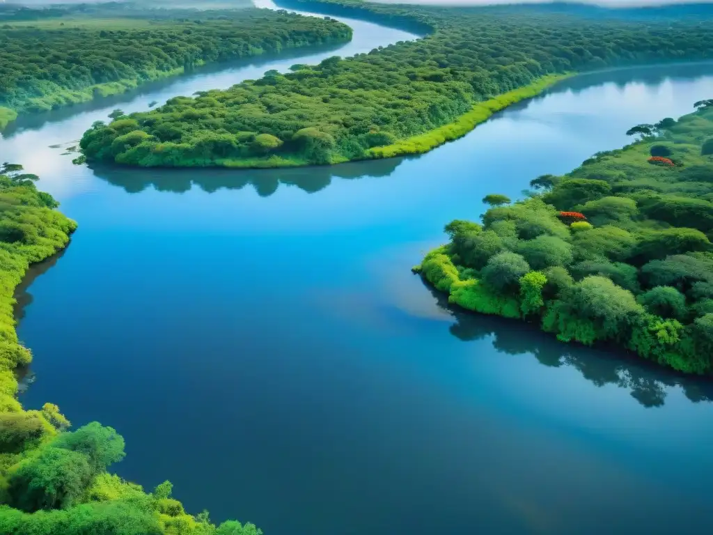 Un majestuoso vuelo de aves nativas sobre el Río de los Pájaros Pintados, reflejando la biodiversidad de Uruguay