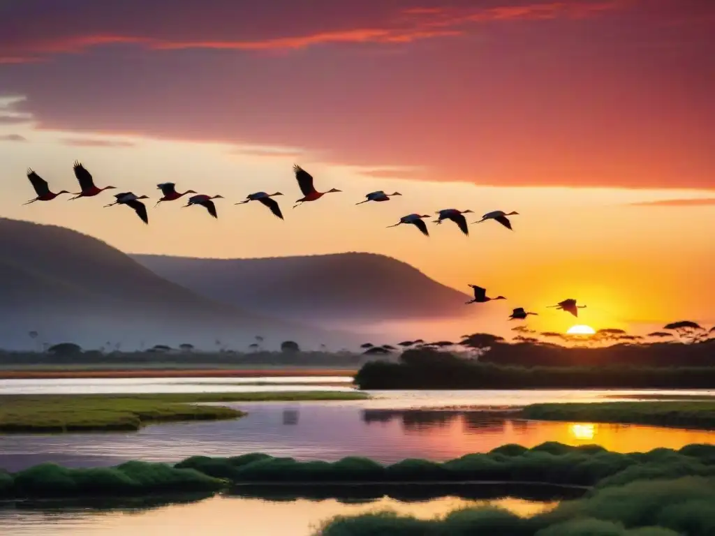 Un majestuoso vuelo de Ibis Escarlata en un atardecer vibrante en los humedales de un parque nacional en Uruguay