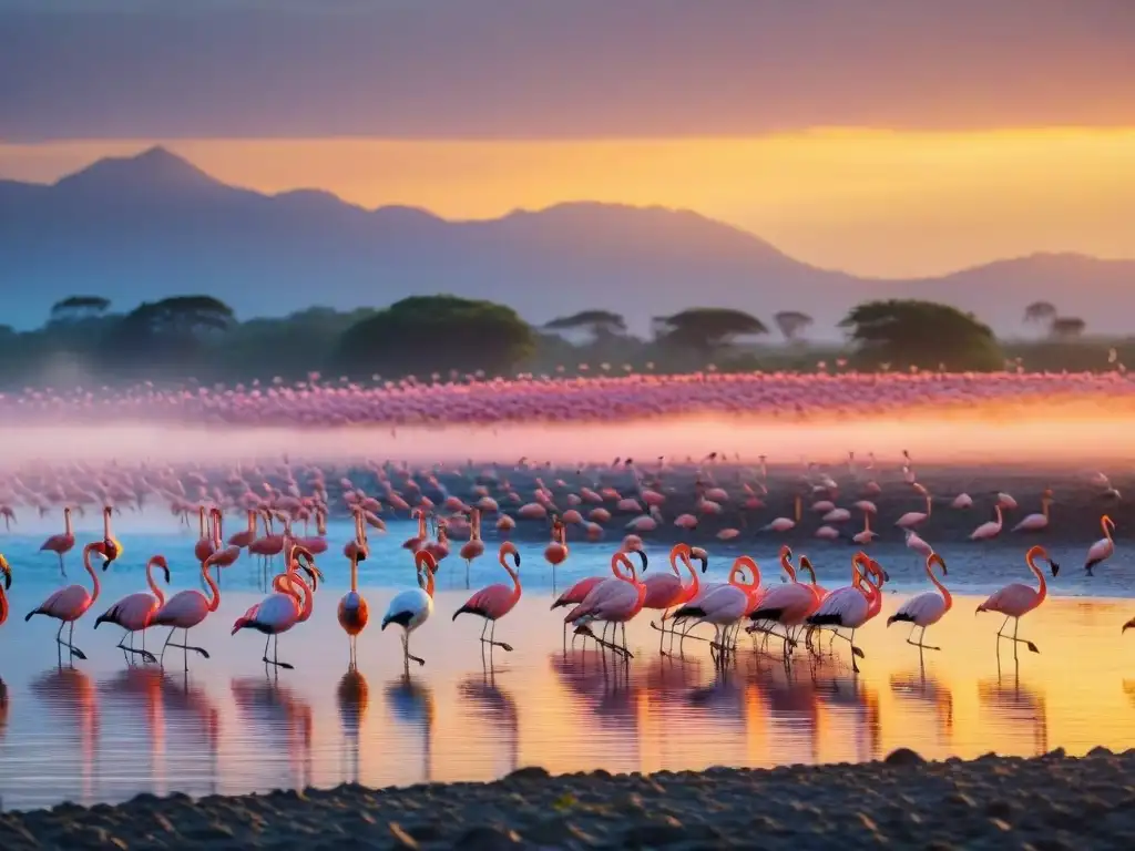 Un majestuoso vuelo de flamencos al atardecer en las costas de Uruguay, reflejando la belleza de la vida salvaje costas Uruguay