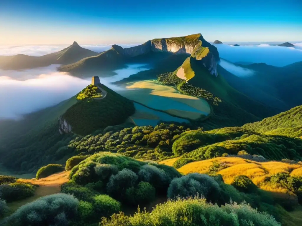 Los tres majestuosos cerros se alzan en la distancia, rodeados de exuberante vegetación bajo un cielo azul