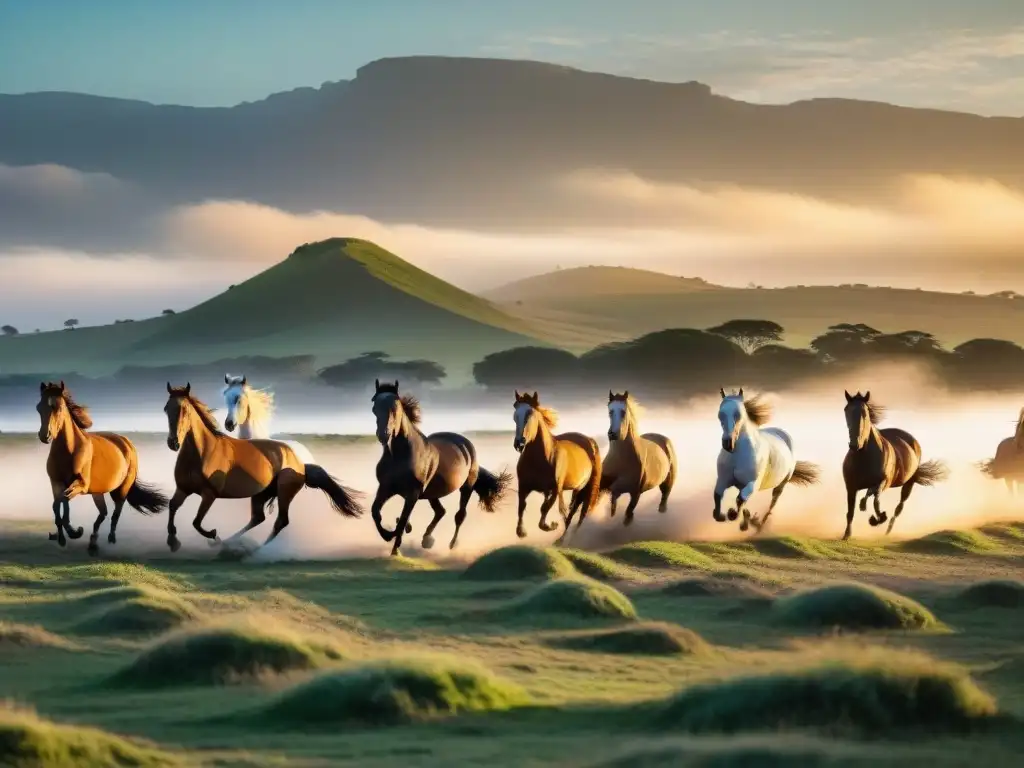 Manada de caballos Criollos galopando libremente en las llanuras doradas de Uruguay al atardecer, transmitiendo belleza y libertad