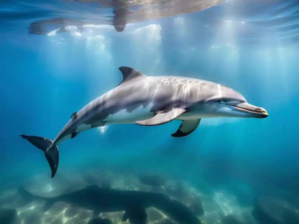 Manada de delfines majestuosos nadando en aguas cristalinas de Uruguay, resaltando la conservación de la fauna marina