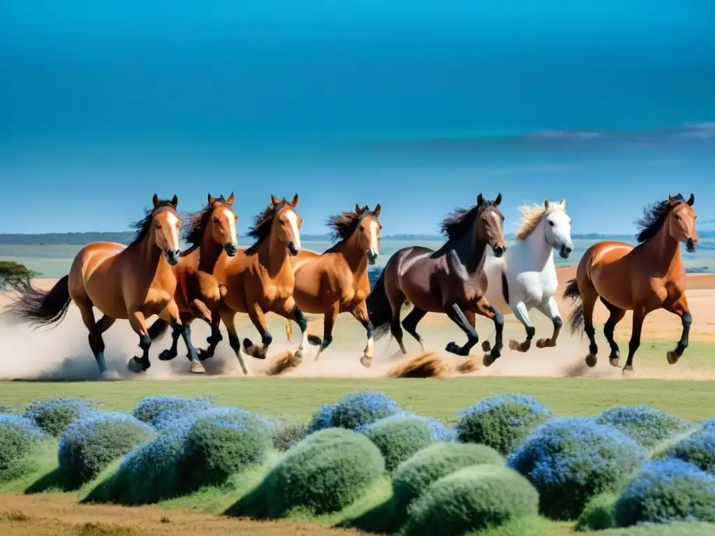 Manada de majestuosos caballos Criollos galopando libremente por las vastas llanuras doradas de Uruguay