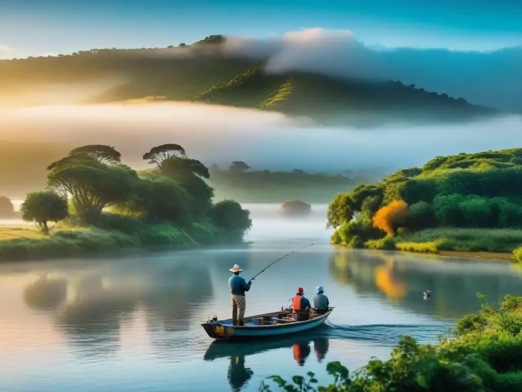 Mañana tranquila pescando en río uruguayo, rodeado de naturaleza exuberante y aves coloridas