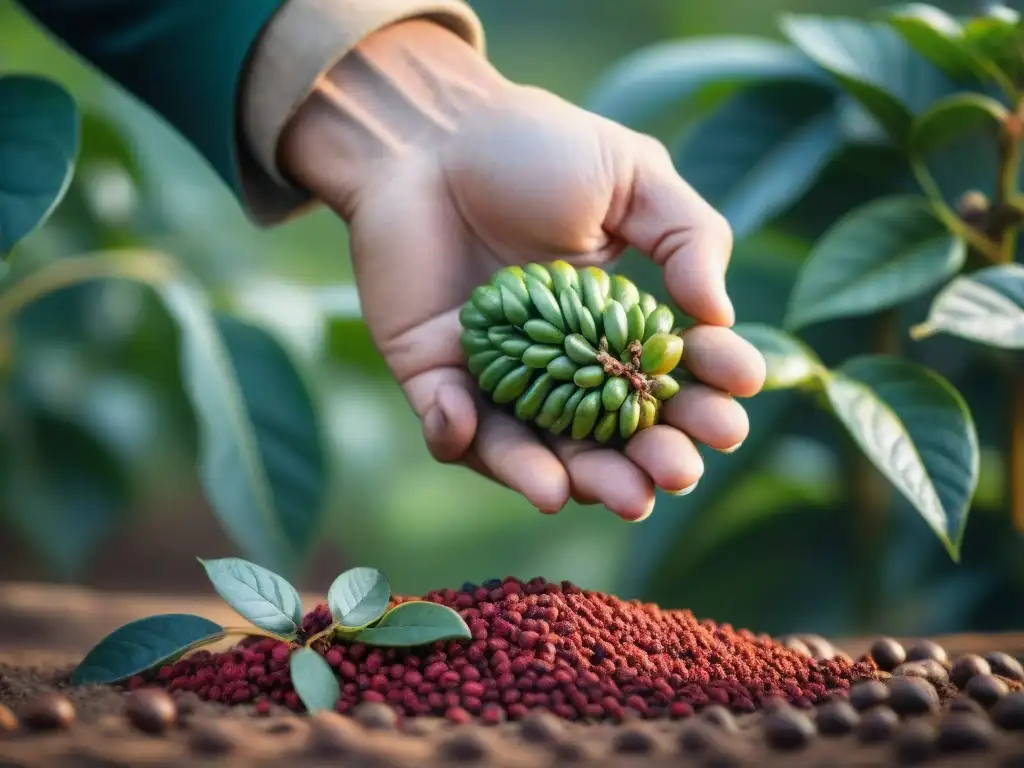 La mano del agricultor recoge un grano de café en una plantación de café en Uruguay, mostrando la esencia de la Ruta del café en Uruguay