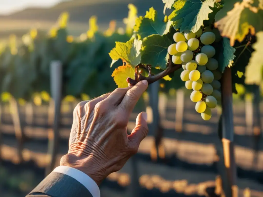 Mano arrugada de un viticultor tocando viñedos en Uruguay al atardecer, evocando historia, tradición y conexión con la tierra