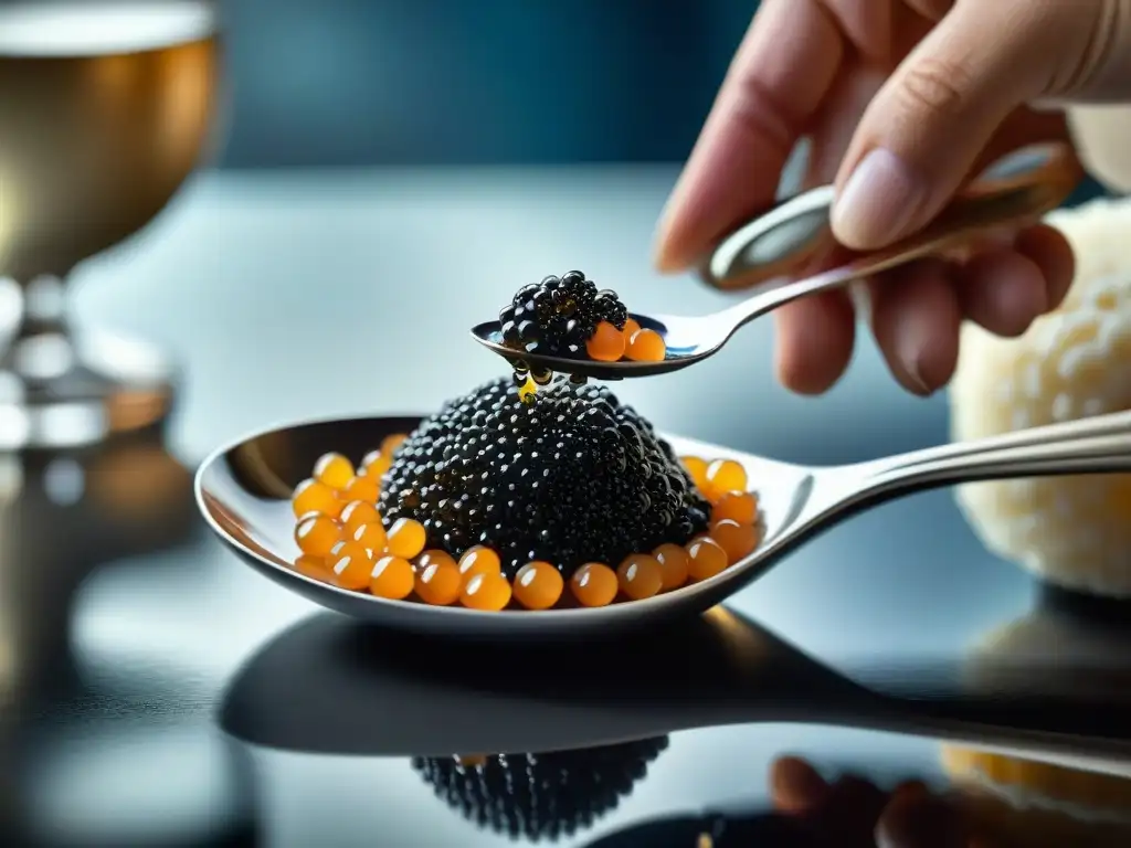 Mano sirviendo caviar uruguayo en cuchara de nácar sobre mesa lujosa: degustación gourmet exclusiva