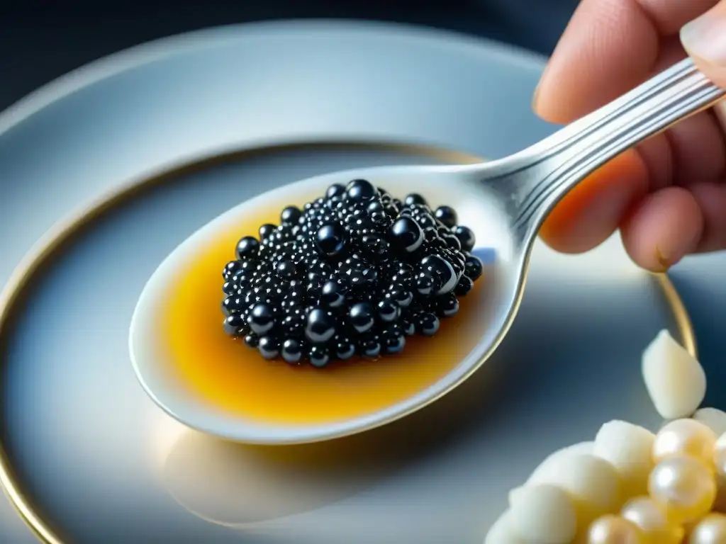 Mano sostiene cuchara de nácar con caviar uruguayo negro, lujo y exclusividad en degustación gourmet