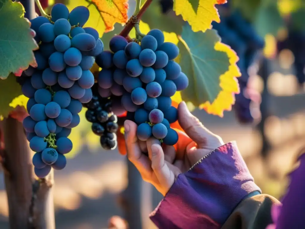 Mano curtida recolectando uvas Tannat en viñedo soleado de Uruguay