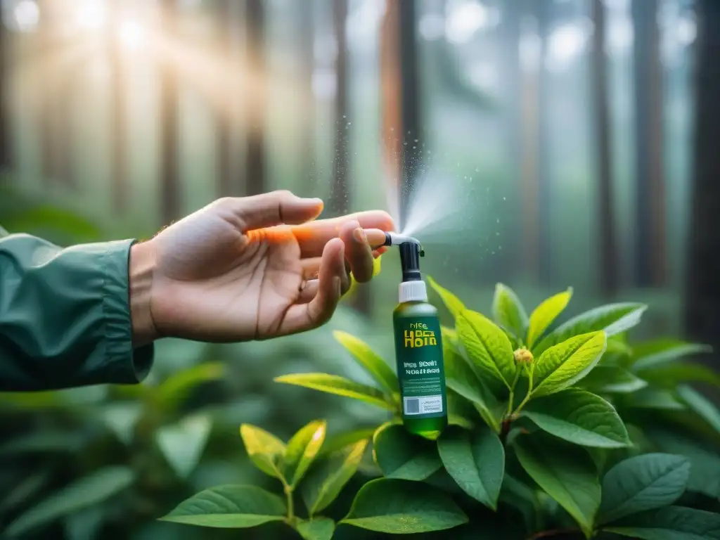 Mano de excursionista aplicando el mejor repelente insectos aventuras Uruguay, entre vegetación y luz filtrada