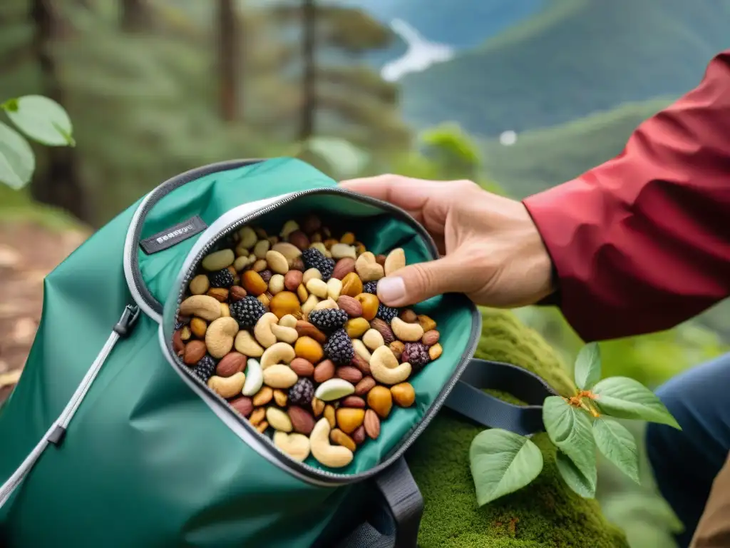 Mano de excursionista sacando snacks energéticos para caminatas de mochila en sendero de bosque en Uruguay