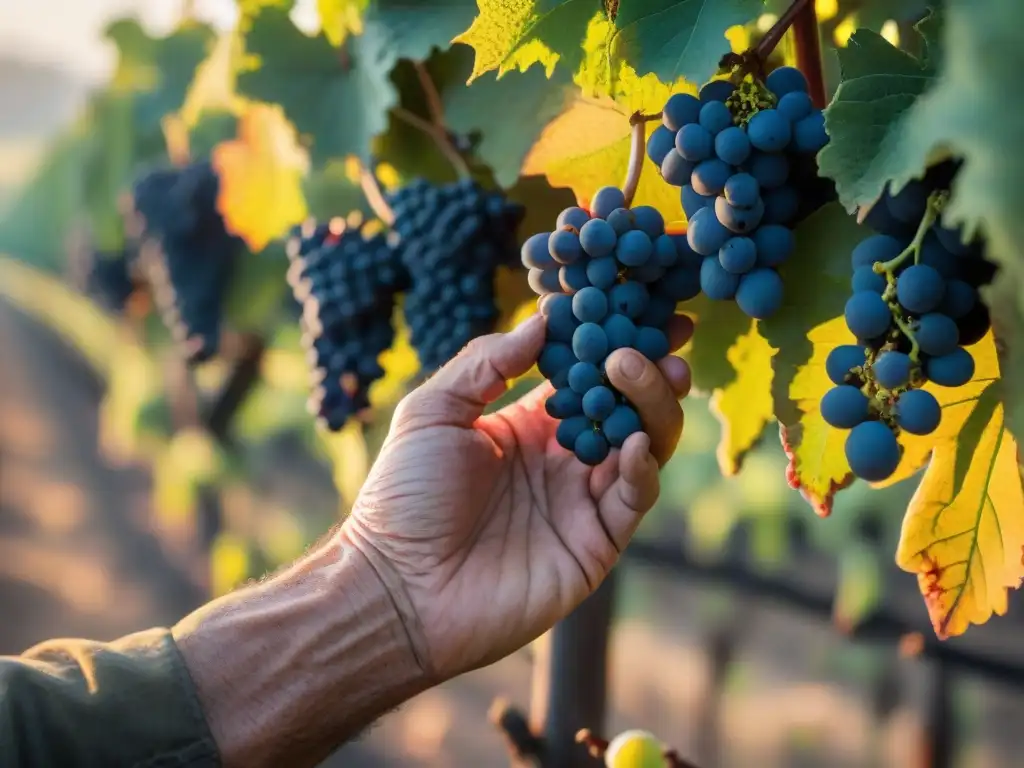 Mano experimentada cosechando uvas Tannat en viñedo uruguayo, evocando la historia y evolución del vino en Uruguay