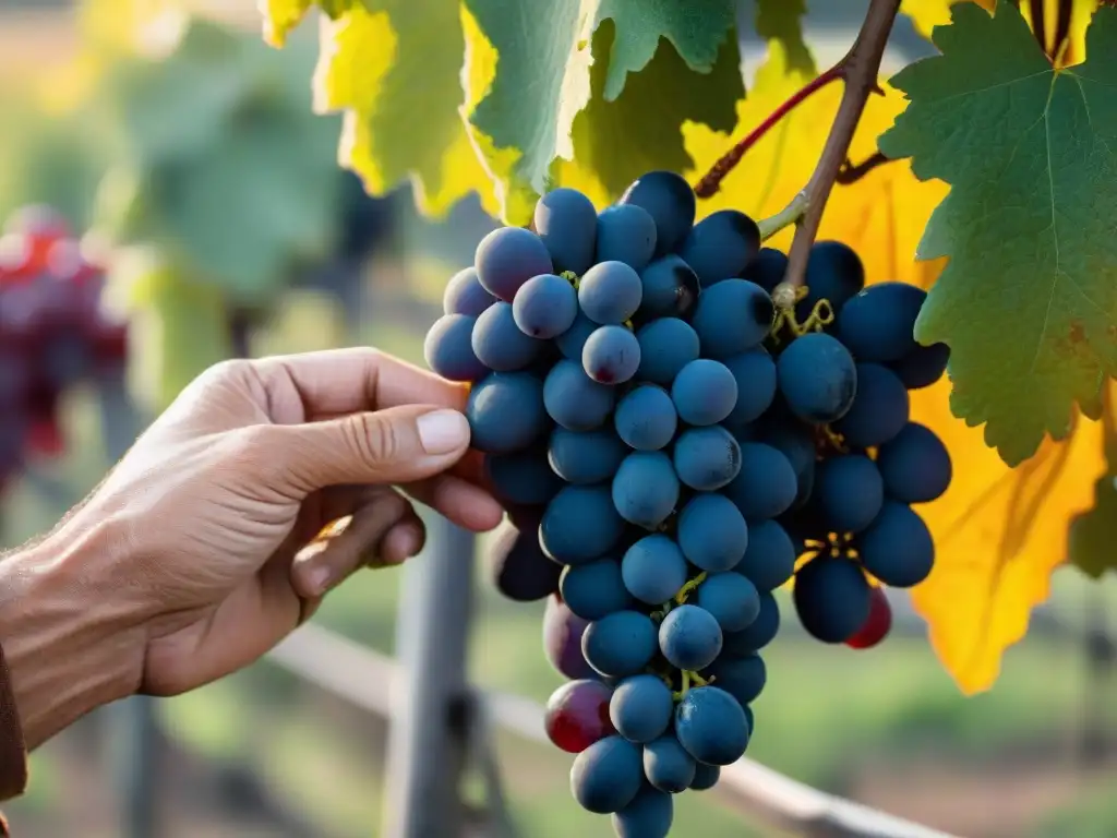 Una mano experta cosechando uvas rojas en viñedos de Uruguay