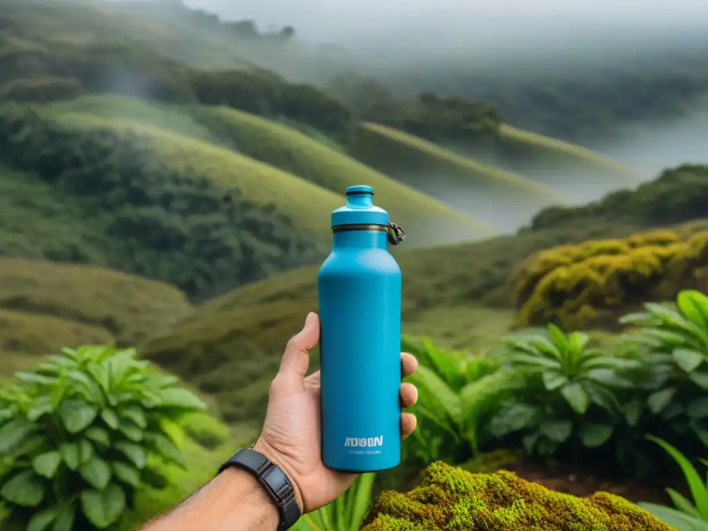 La mano de un senderista sostiene una botella de agua en un bosque de Uruguay