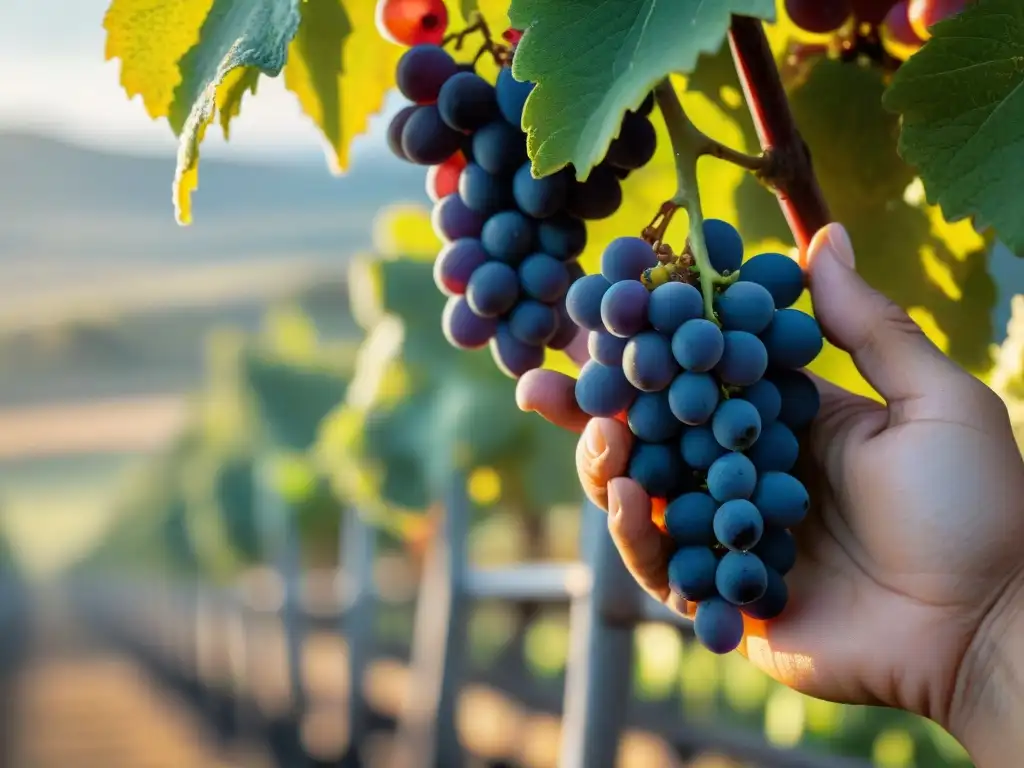 Mano recogiendo uvas uva de playa moradas en los campos de Uruguay con la luz dorada del amanecer