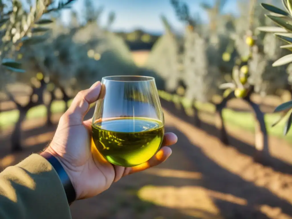 Mano sostiene vaso con aceite de oliva premium en olivar uruguayo para degustación