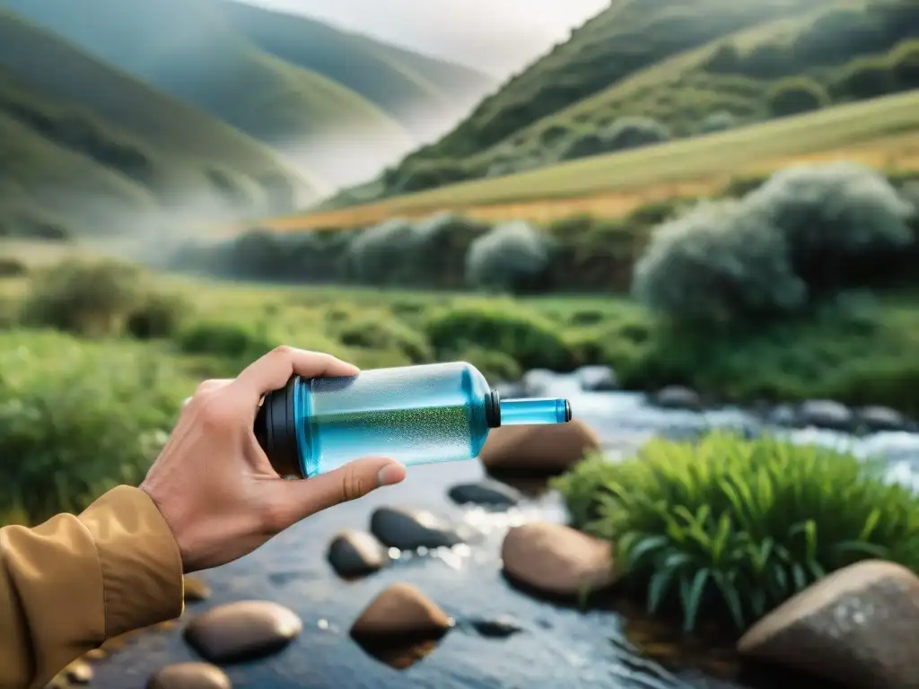 Mano de viajero usando filtro agua portátil en arroyo cristalino de Uruguay, capturando pureza y simplicidad