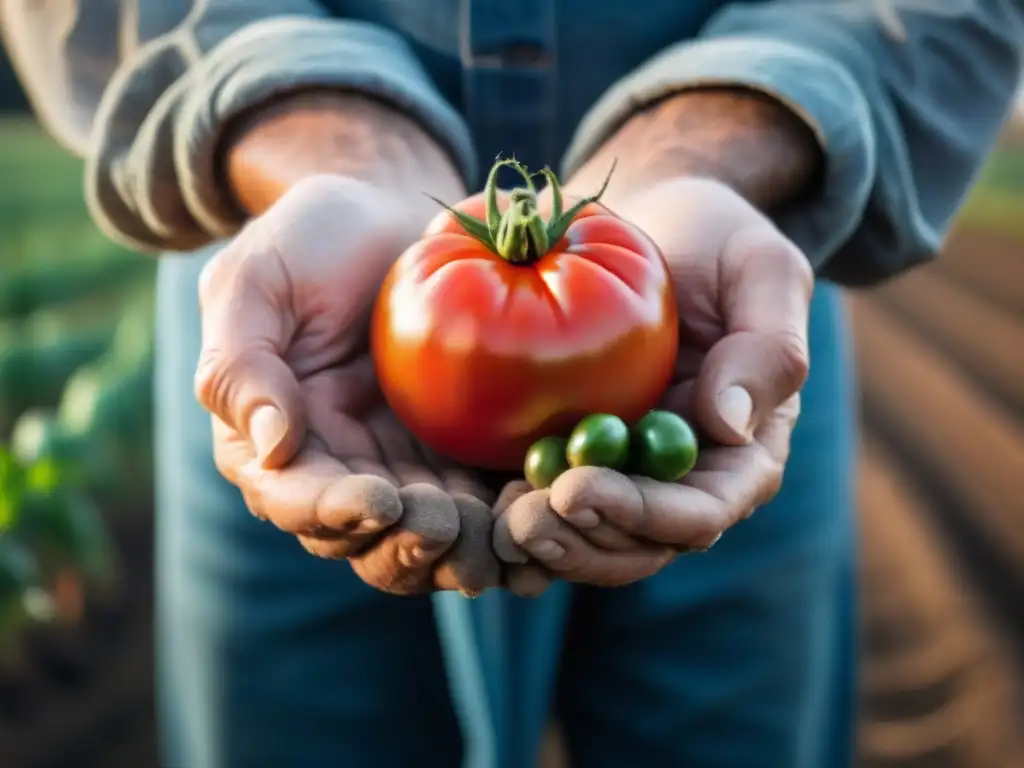 Manos de agricultor en Uruguay sosteniendo un tomate fresco, reflejando la dedicación en la agricultura sostenible