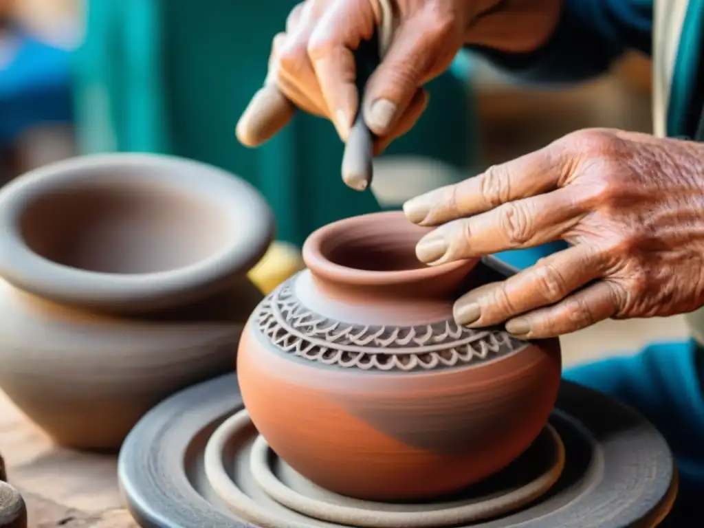 Las manos de un artesano uruguayo creando cerámica, en una feria de arte colorida