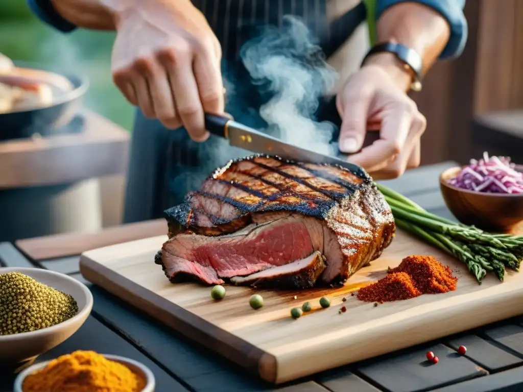 Las manos de un asador experto sazonando carne con esmero