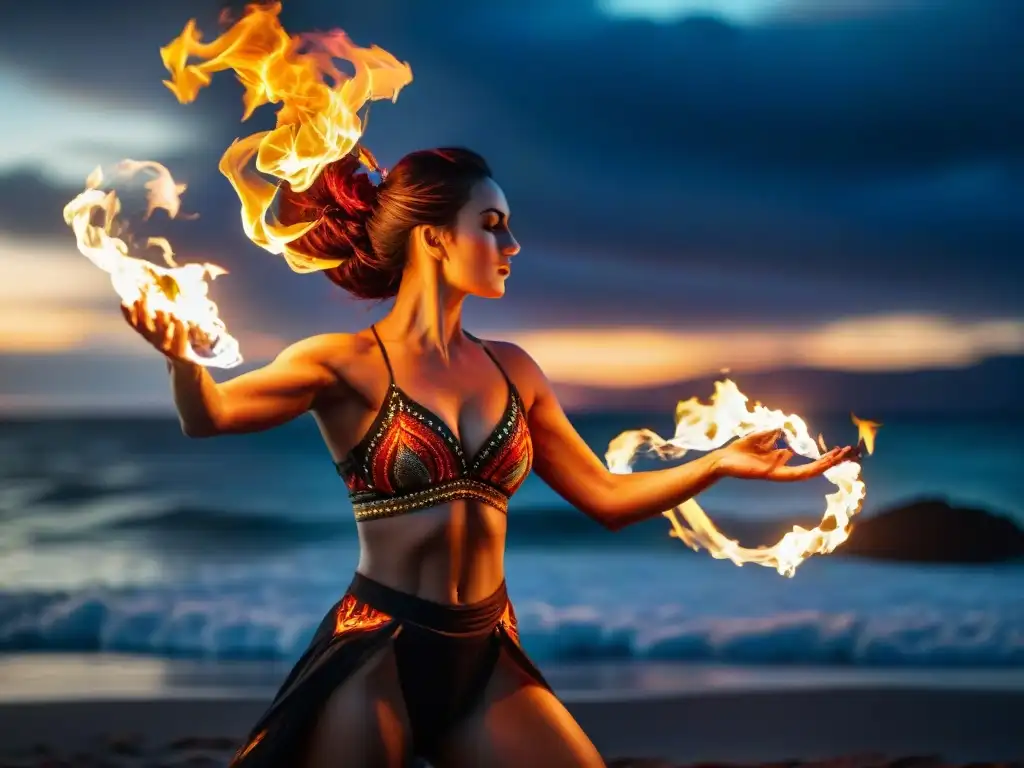 Manos de bailarín de fuego en la playa de noche en Uruguay