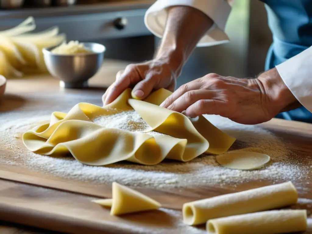 Manos de chef amasando pasta fresca, mostrando la fusión de tradiciones culinarias italianas con influencias europeas en cocina uruguaya