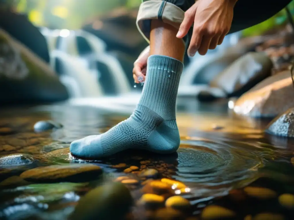 Manos cuidadosas lavan detalladamente los mejores calcetines trekking impermeables en arroyo de montaña, destellos de agua al sol