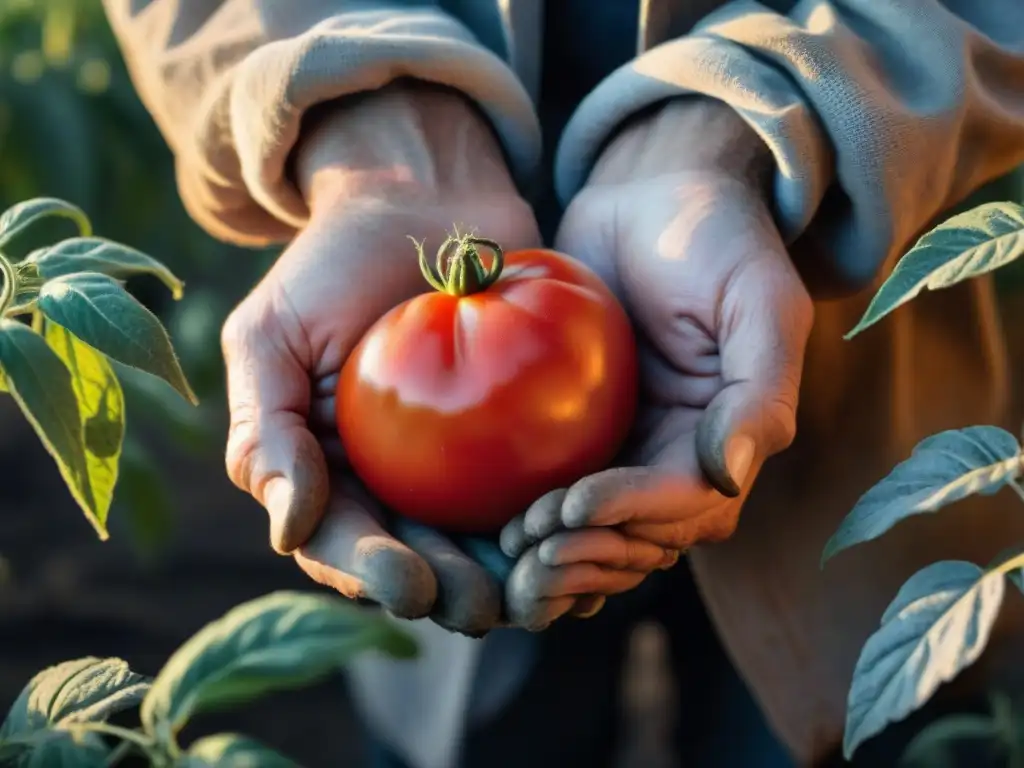 Las manos curtidas de un agricultor uruguayo sostienen un tomate maduro al amanecer, mostrando la vida en el campo