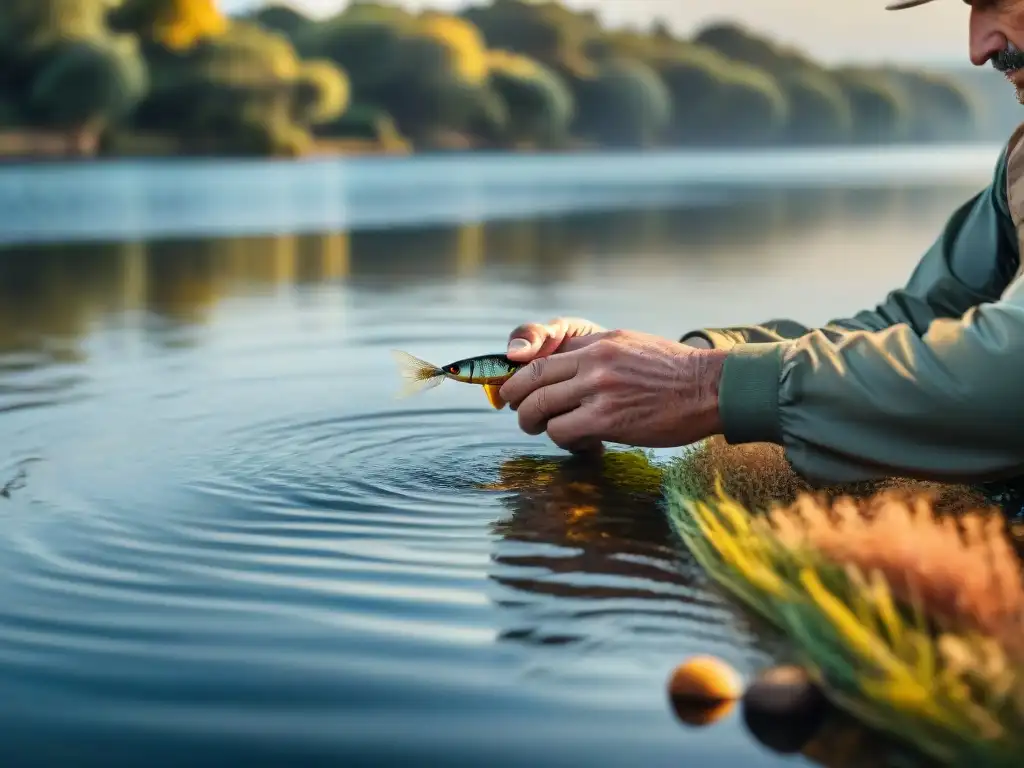 Manos curtidas de pescador anudan señuelo de pesca mosca en Río Uruguay al amanecer, reflejando habilidad y pasión pesca en el Río Uruguay consejos