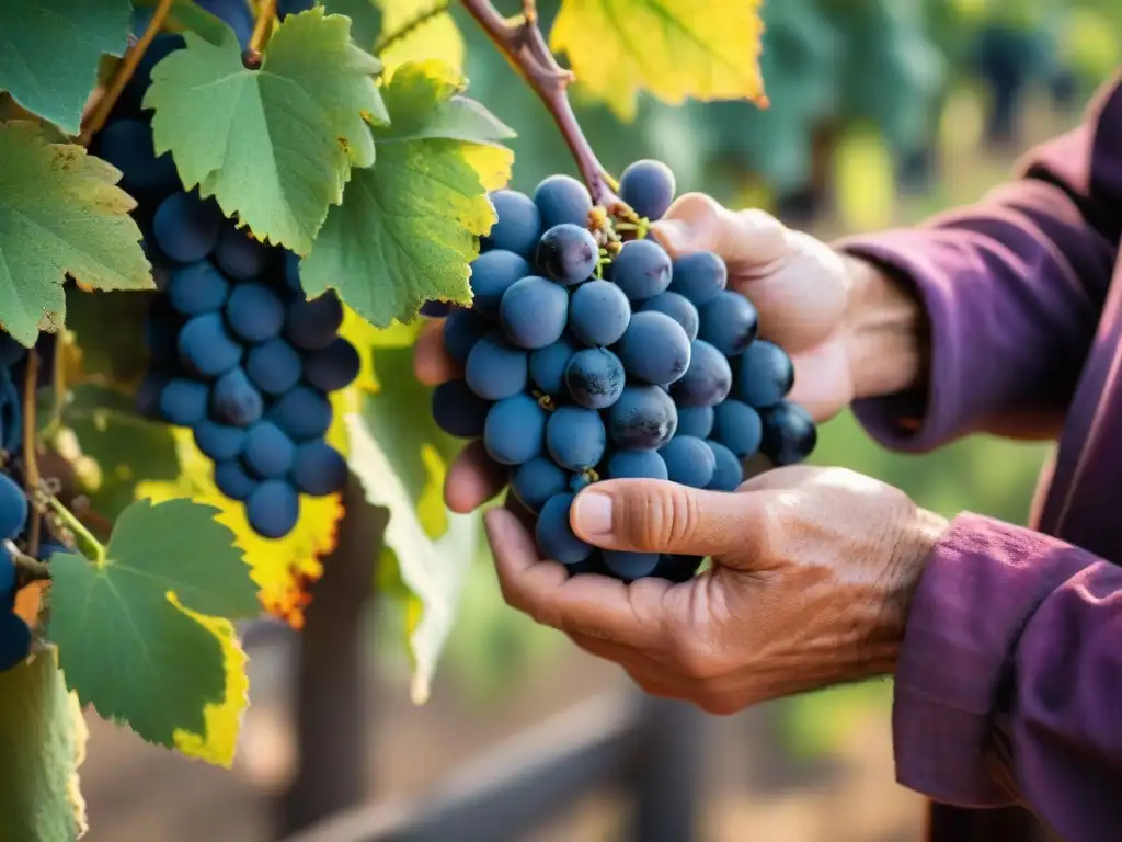 Manos curtidas de un viticultor sostienen uvas moradas bajo la luz dorada en la Ruta del vino Uruguay aventura