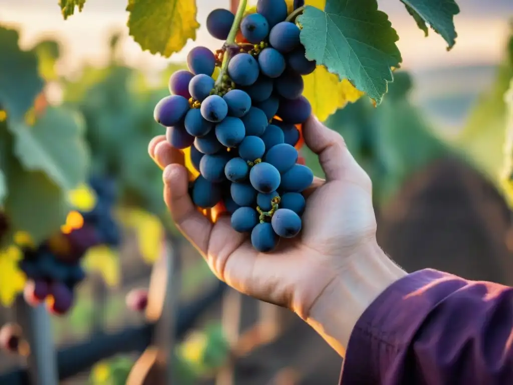 Manos curtidas de un viticultor sosteniendo uvas Tannat maduras, con luz dorada entre las hojas