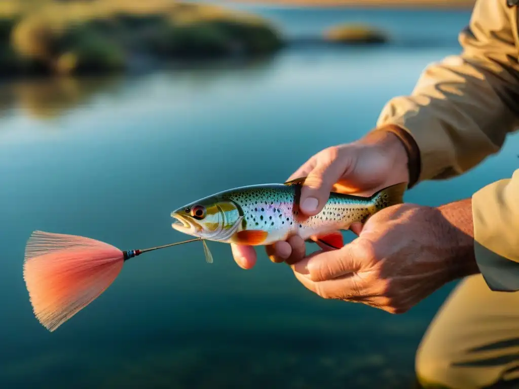 Manos expertas crean un anzuelo de pesca con mosca, mostrando la técnica precisa de la pesca en Uruguay