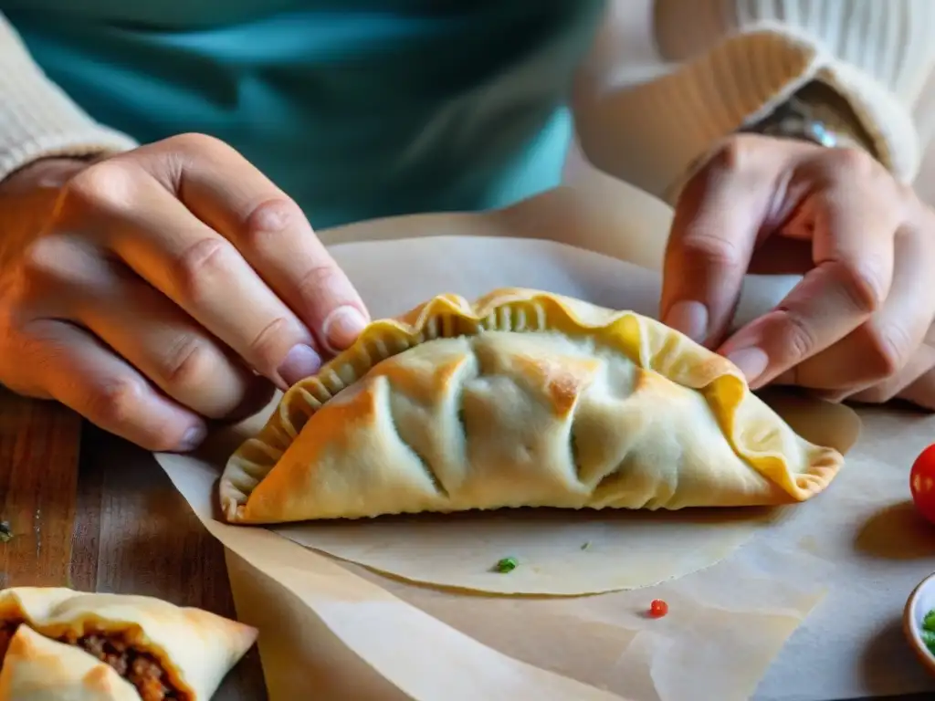 Unas manos expertas doblan y sellan una auténtica empanada uruguaya, resaltando la artesanía de la receta