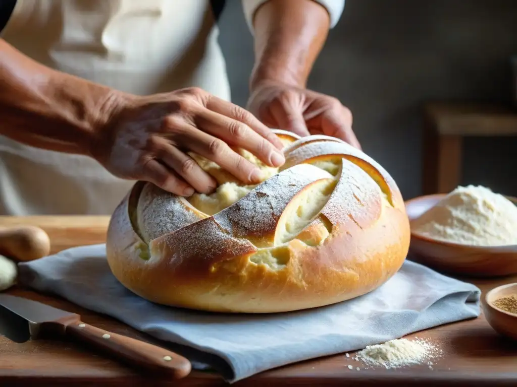 Unas manos expertas moldean con cuidado un pan tradicional uruguayo en un entorno de cocina rústica