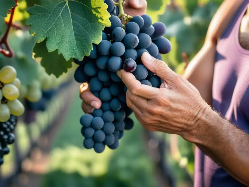 Manos expertas del enólogo sostienen racimo de uvas Tannat en viñedos de Uruguay