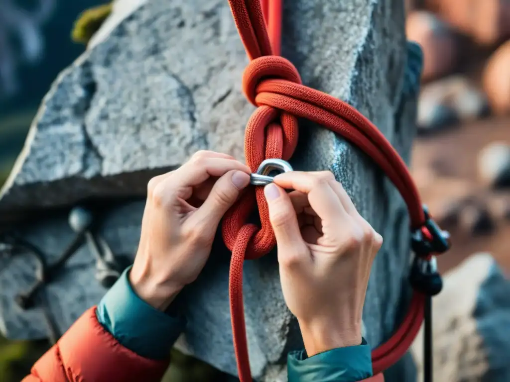 Manos expertas atando nudo en cuerda roja de escalada en Uruguay, con equipamiento aventuras cuerdas anclaje