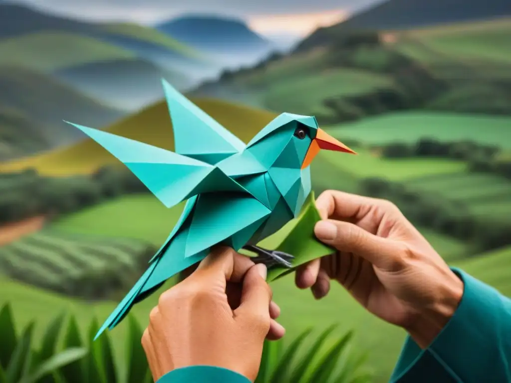 Manos expertas crean un origami con papel inspiración uruguaya, plasmando la esencia creativa y cultural del arte