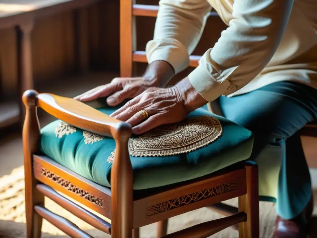 Manos expertas restauran silla de madera uruguaya, resaltando detalles antiguos con barniz, evocando historia y artesanía