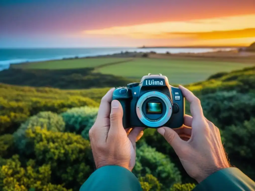 Manos de fotógrafo ajustando accesorios cámara captura Uruguay profesional con paisaje vibrante al atardecer