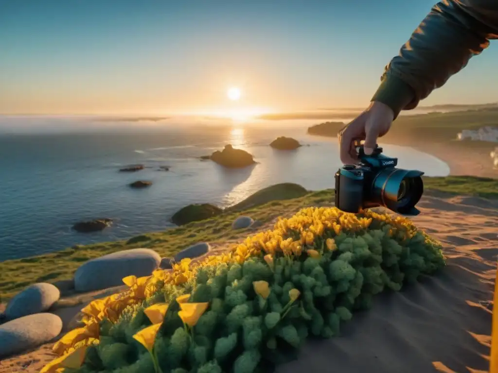 Las manos de un fotógrafo ajustando la cámara para capturar un amanecer impresionante en la costa de Uruguay