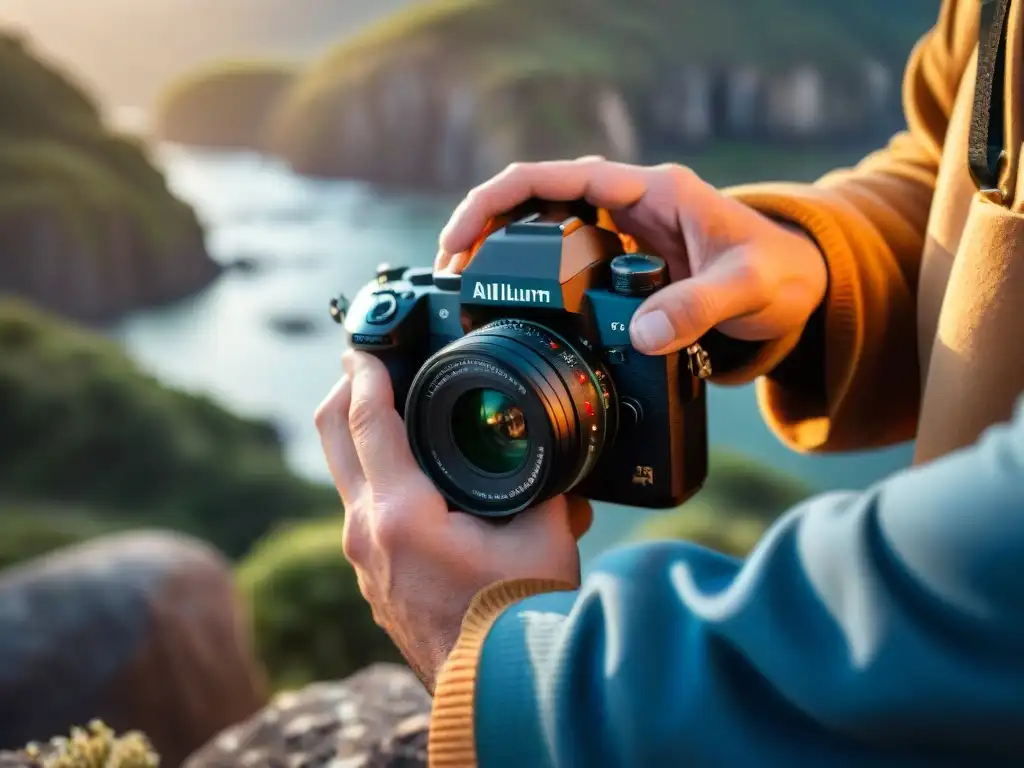 Manos de fotógrafo ajustando una cámara profesional con pasión, iluminadas por suave luz natural